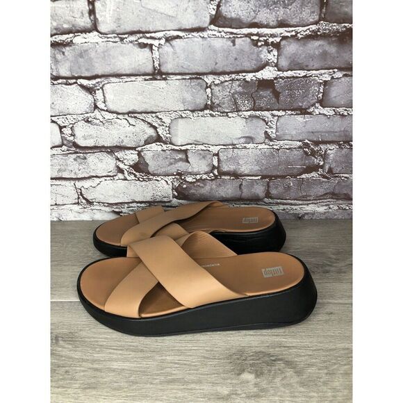Fitflop F-Mode Brown Leather Flatform Cross Strap Slides Women’s Sz 10M US/42EU - Picture 15 of 16